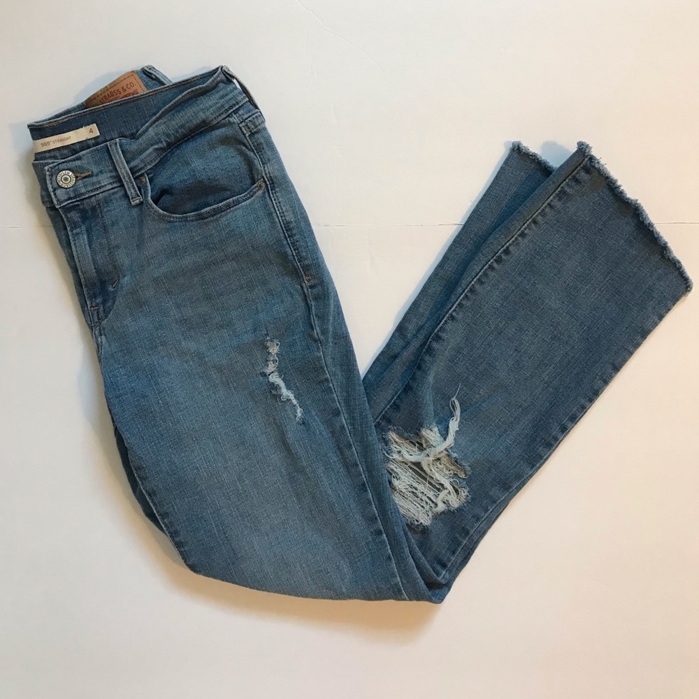 Levi’s 505 Straight Leg Womens Light Wash Distressed Denim Blue Jeans Size 4